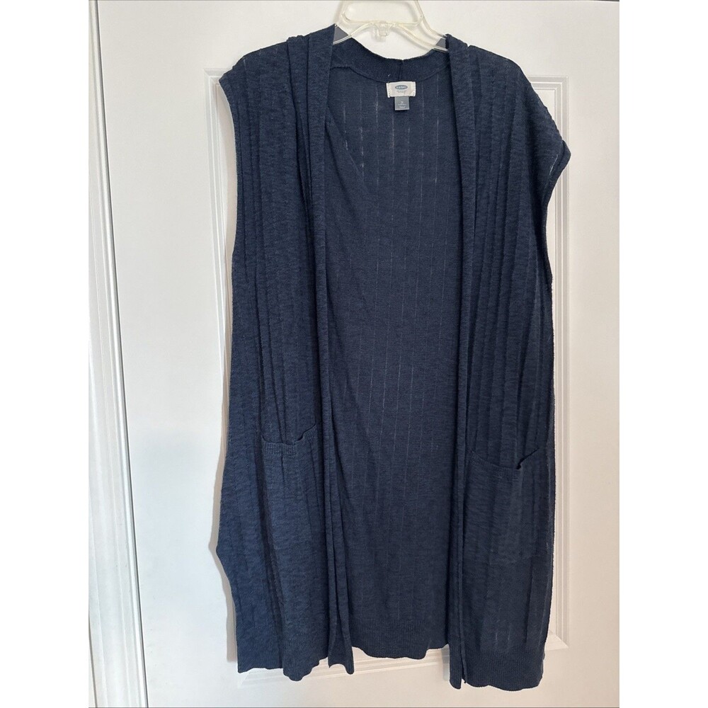 Old Navy Blue Cardigan Womens 1X Sleeveless Open Front Long Sweater vest pockets